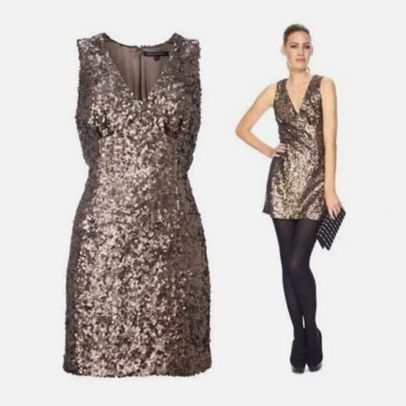 FRENCH CONNECTION Lucinda Brown Bronze Fitted Fully Sequinned Mini Dress US 8 - Picture 2 of 16